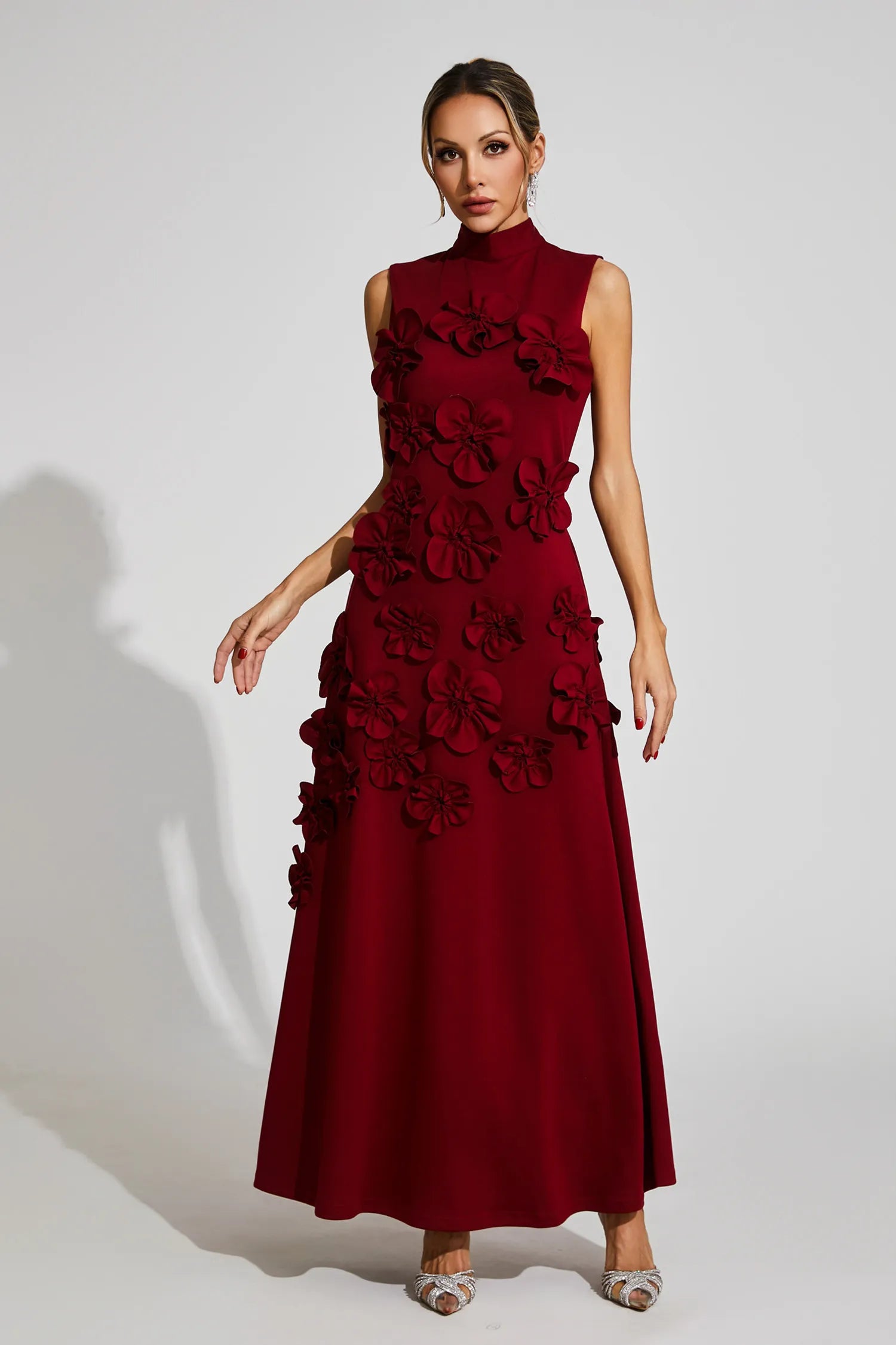 Maxi Dress with High Neckline and Embroidered Floral Detail