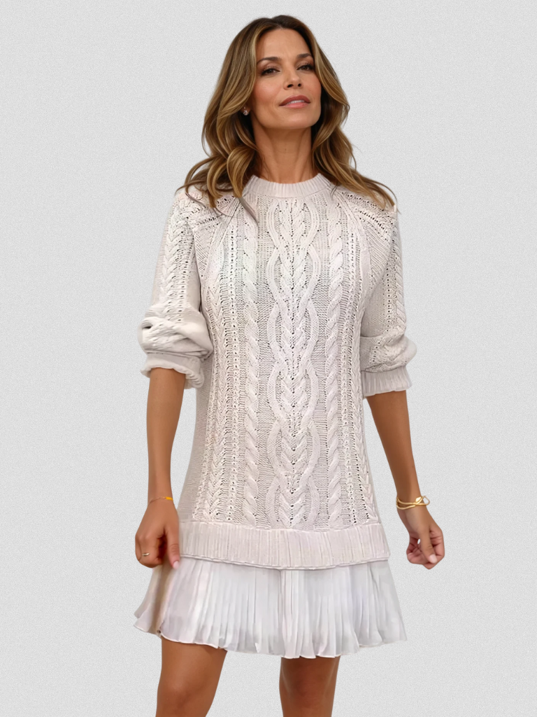 Women's Sweater Dresses for Fall in Cable Knit | Pleated Hem Flounce, Round Neck, Long Sleeves | Sizes S-3XL, 5 Colors