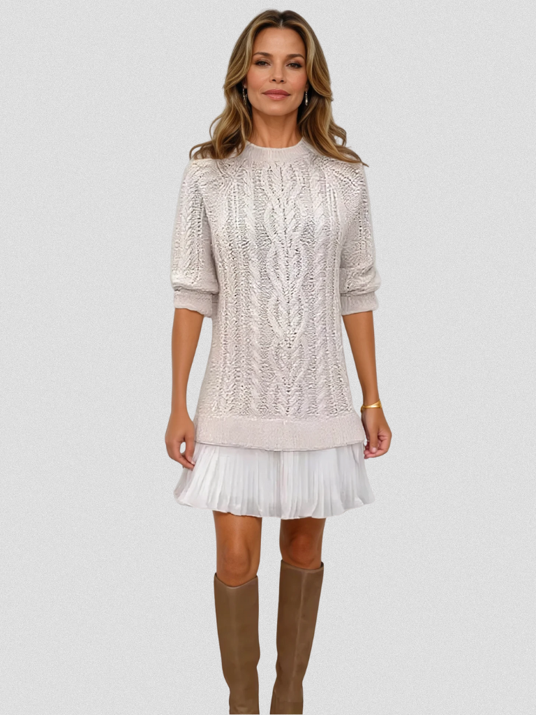 Women's Sweater Dresses for Fall in Cable Knit | Pleated Hem Flounce, Round Neck, Long Sleeves | Sizes S-3XL, 5 Colors