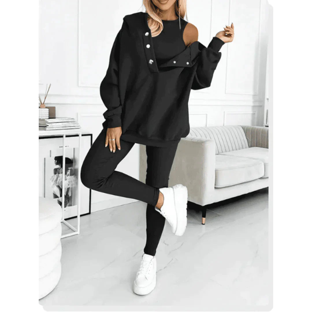 Women's 3-Piece Cotton Lounge Set with Sweatshirt and Pants | Relaxed Matching Outfit for Home and Days Out | Size S-3XL