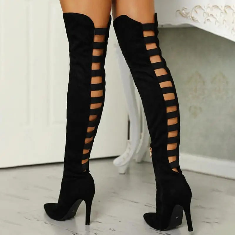 Women's Over the Knee Boots with Ladder Cutouts | Stiletto Heel, Back Zip, Fitted Shaft | Sizes 4-8, 3 Colors