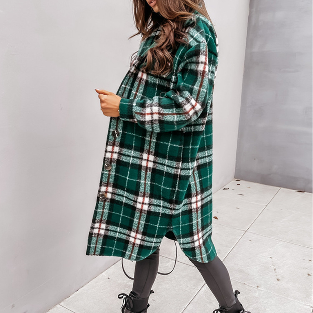 Women's Oversized Plaid Shacket with Chest Pockets | Longline Button-Front Jacket, Wool-Look Fabric | Size S-3XL