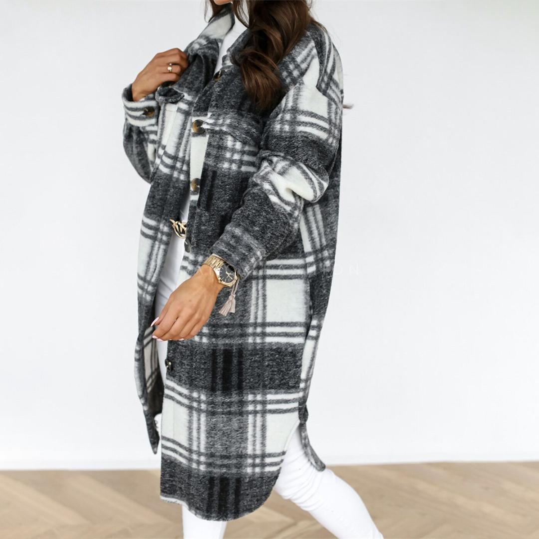 Women's Oversized Plaid Shacket with Chest Pockets | Longline Button-Front Jacket, Wool-Look Fabric | Size S-3XL