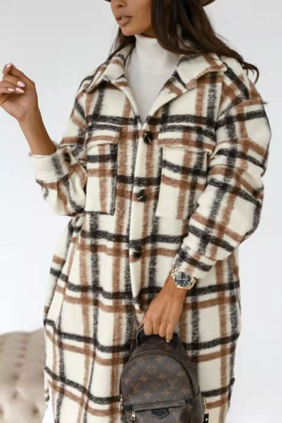 Women's Oversized Plaid Shacket with Chest Pockets | Longline Button-Front Jacket, Wool-Look Fabric | Size S-3XL