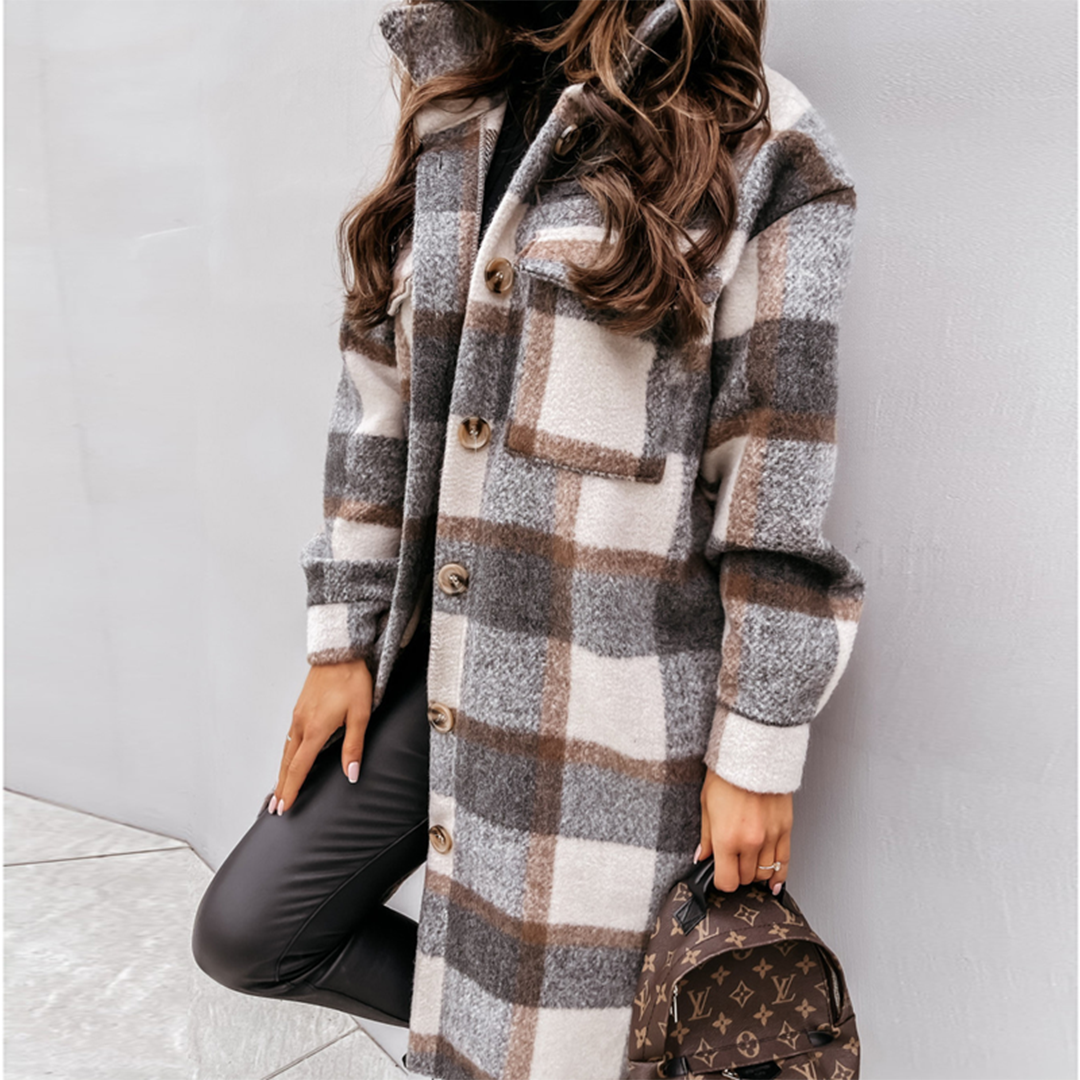 Women's Oversized Plaid Shacket with Chest Pockets | Longline Button-Front Jacket, Wool-Look Fabric | Size S-3XL