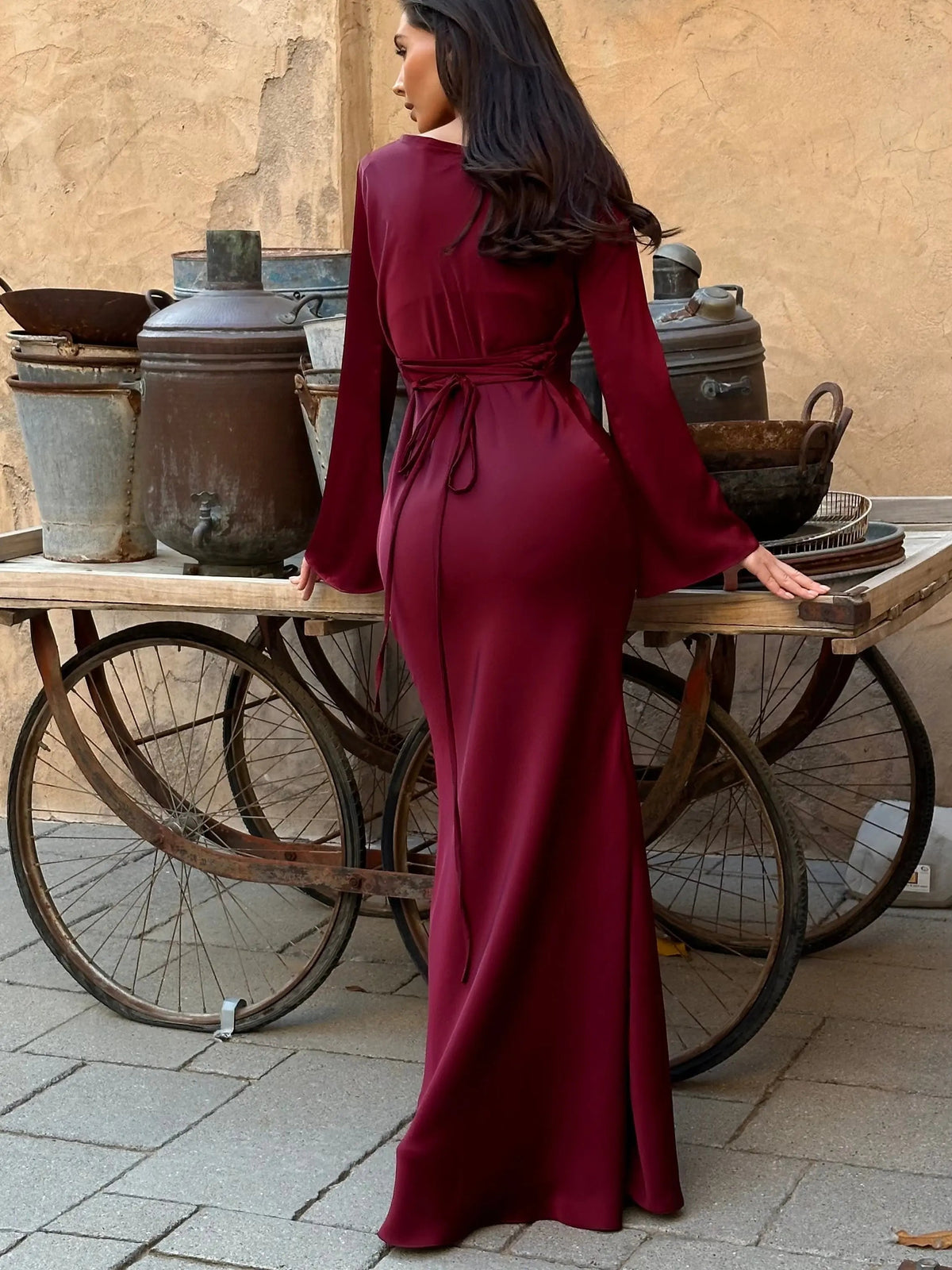 Women's Floor Length Maxi Dress with Draped Sleeves | Fluid Fabric and a Shaped Bodice | Size XS-2XL, 3 Colors