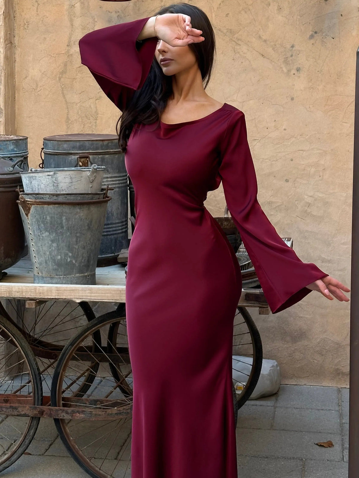 Women's Floor Length Maxi Dress with Draped Sleeves | Fluid Fabric and a Shaped Bodice | Size XS-2XL, 3 Colors