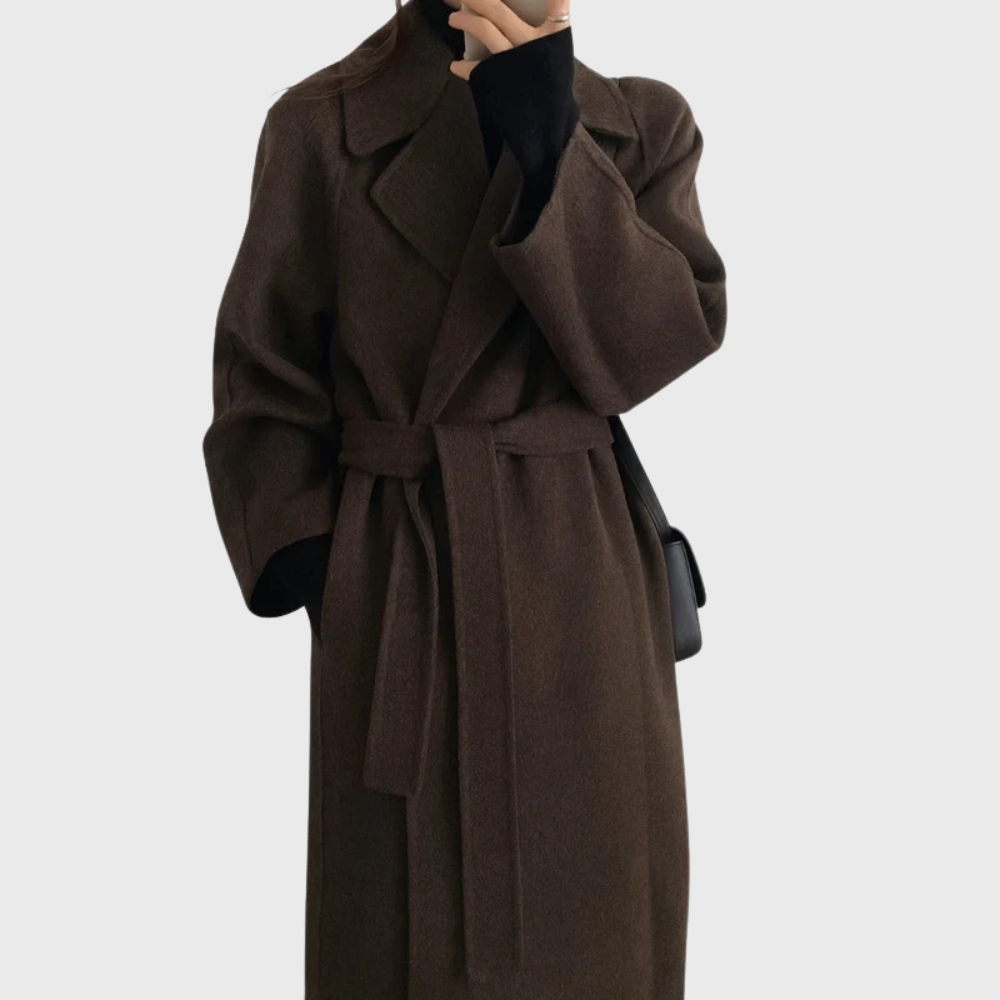 Women's Long Wool Wrap Coat with Tie Belt and Notched Collar | Winter Overcoat with Patch Pockets | Size S-2XL