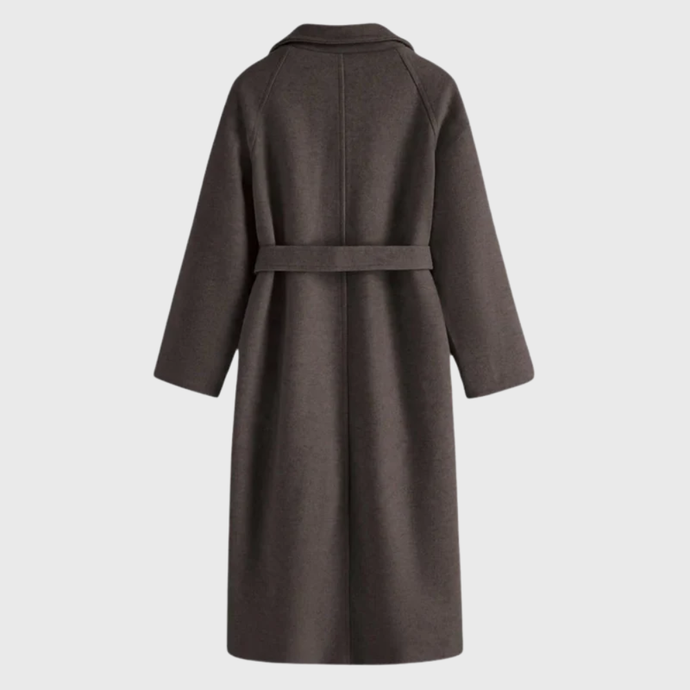 Women's Long Wool Wrap Coat with Tie Belt and Notched Collar | Winter Overcoat with Patch Pockets | Size S-2XL