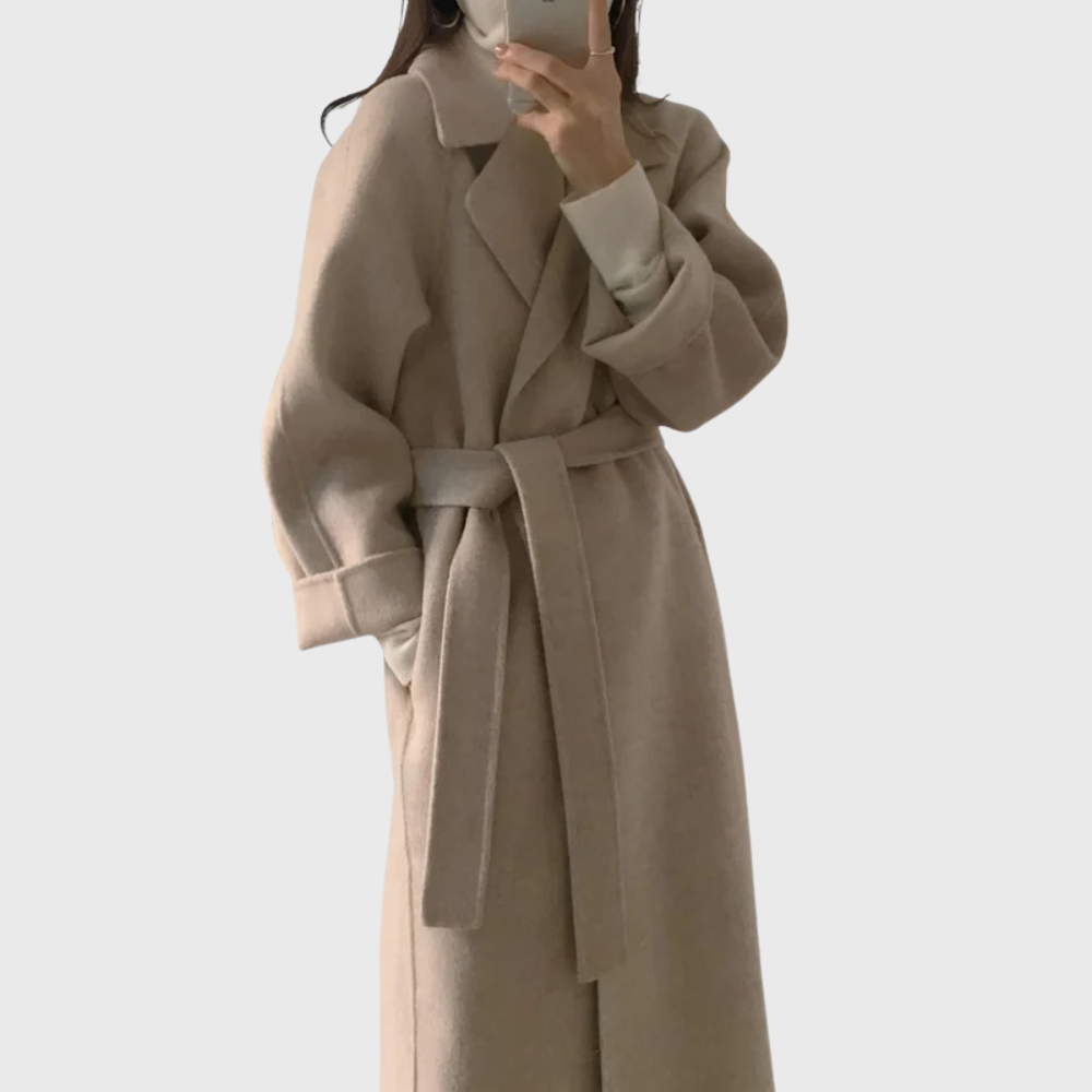 Women's Long Wool Wrap Coat with Tie Belt and Notched Collar | Winter Overcoat with Patch Pockets | Size S-2XL