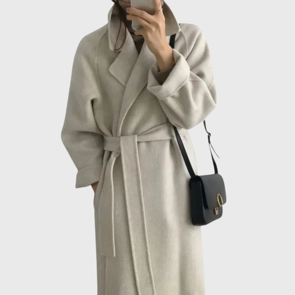 Women's Long Wool Wrap Coat with Tie Belt and Notched Collar | Winter Overcoat with Patch Pockets | Size S-2XL