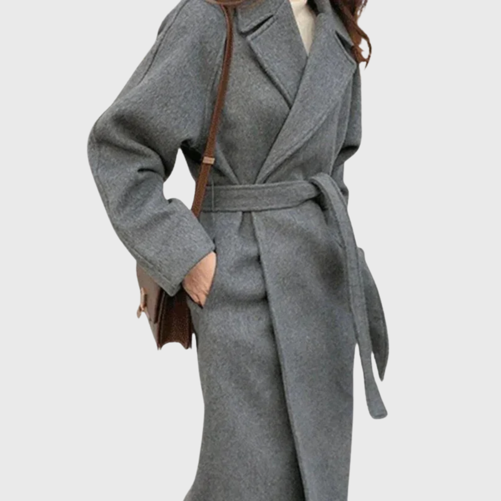 Women's Long Wool Wrap Coat with Tie Belt and Notched Collar | Winter Overcoat with Patch Pockets | Size S-2XL