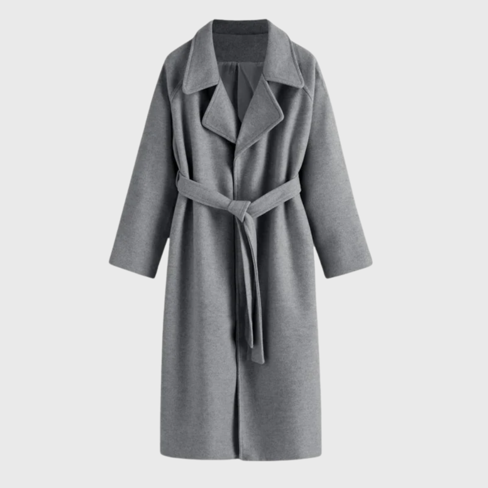 Women's Long Wool Wrap Coat with Tie Belt and Notched Collar | Winter Overcoat with Patch Pockets | Size S-2XL