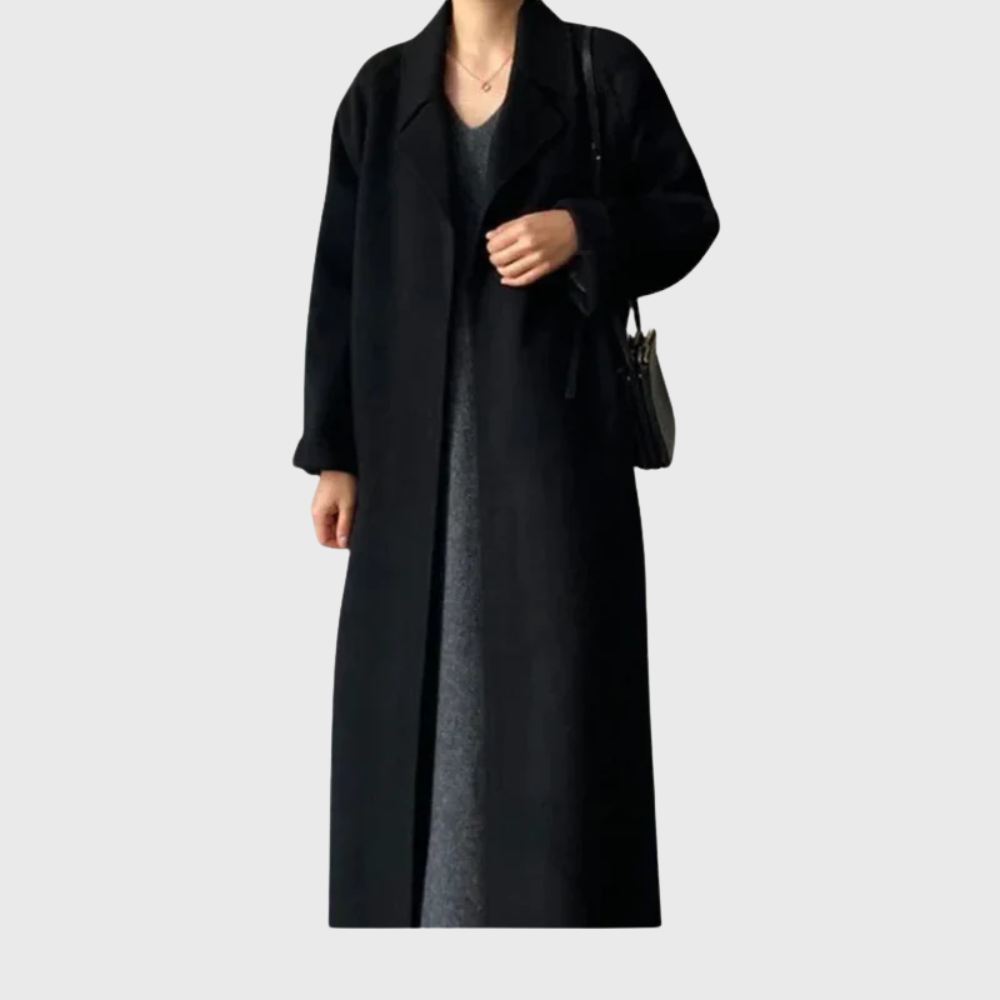 Women's Long Wool Wrap Coat with Tie Belt and Notched Collar | Winter Overcoat with Patch Pockets | Size S-2XL