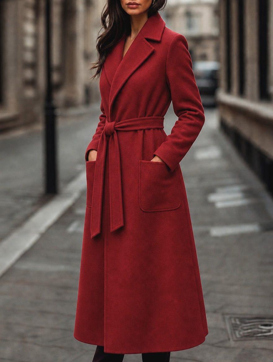 Women's Red Long Belted Coat with Wide Collar | Ankle-Length A-Line Overcoat with Two Patch Pockets | Size S-2XL