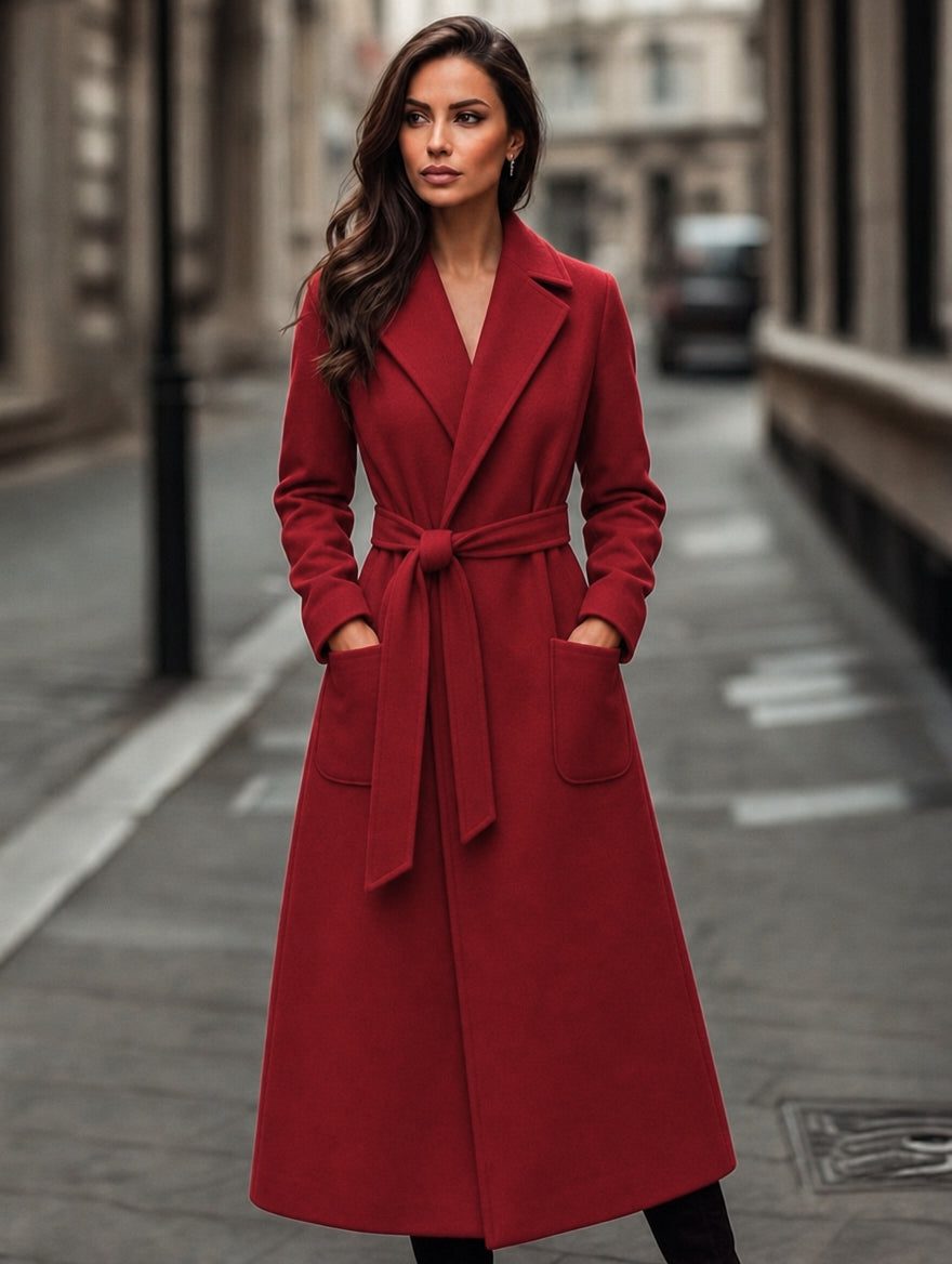 Women's Red Long Belted Coat with Wide Collar | Ankle-Length A-Line Overcoat with Two Patch Pockets | Size S-2XL