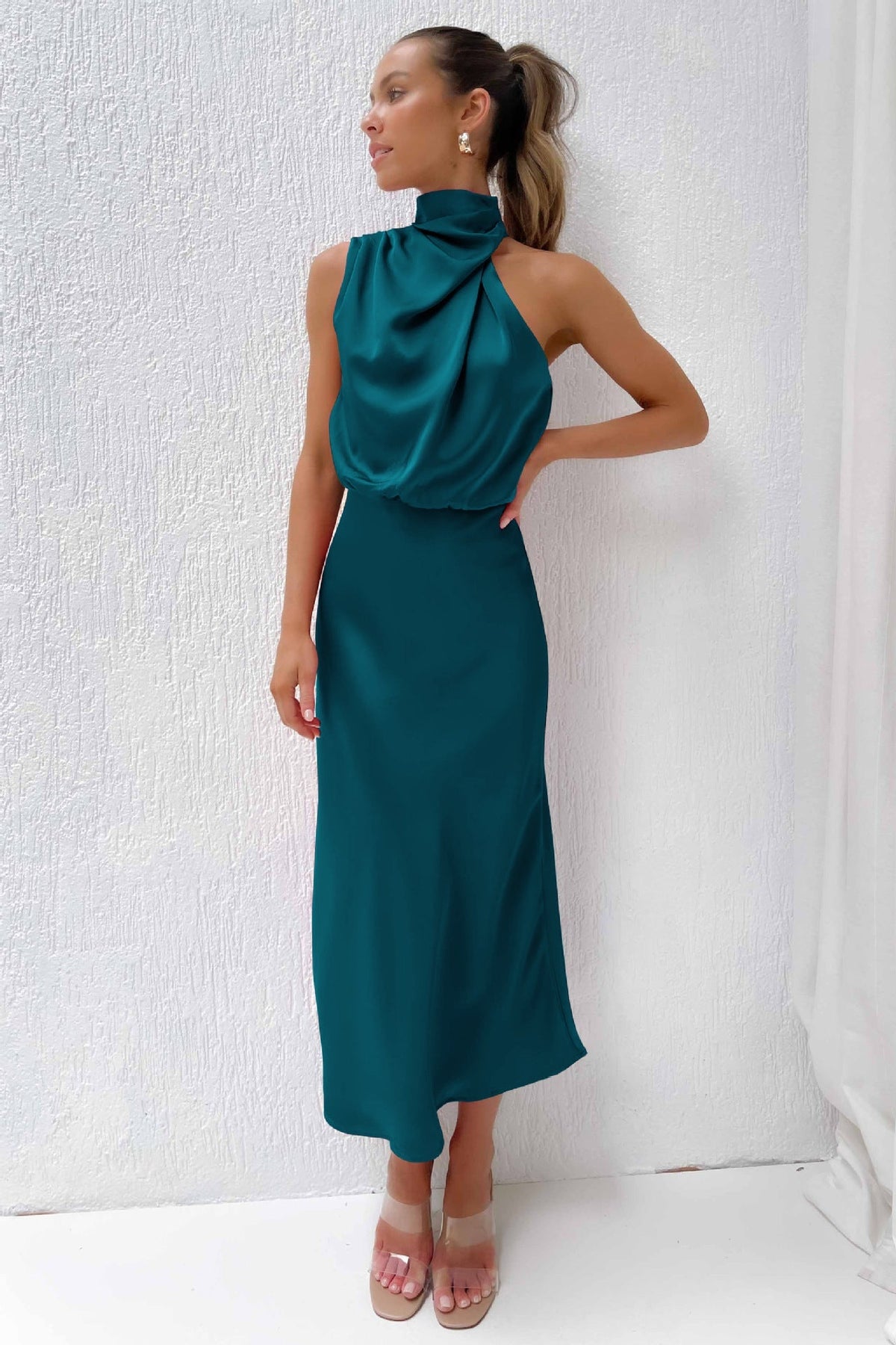 Women's Formal Wedding Guest Dress in Fluid Fabric | High Neck with Soft Sheen, Easy Movement | Size S-5XL, 9 Colors