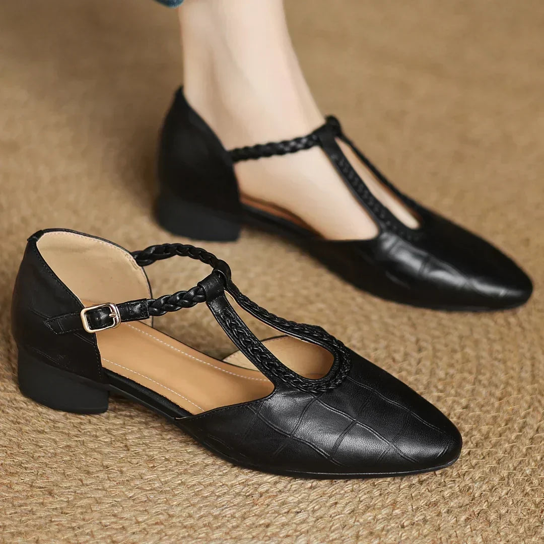 Women's Leather Mary Jane Ballet Flats | T-Strap Buckle, Tapered Toe and Cushioned Flat Sole | Size 5.5-8, Brown or Black