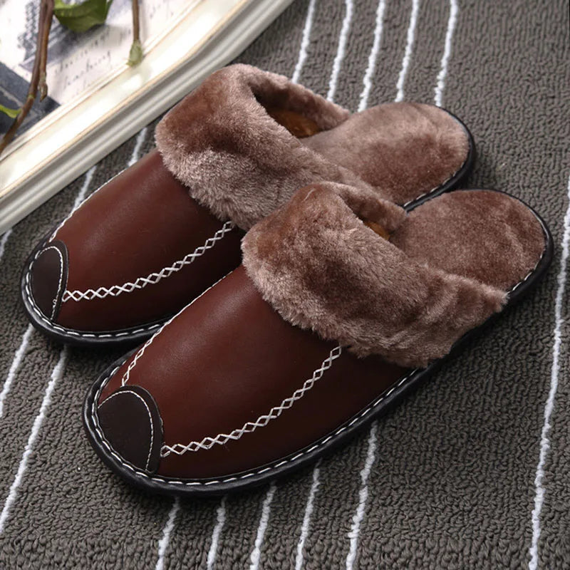 Women's Winter Slippers with a Leather Upper | Closed Toe Mules with a Plush Collar and an Open Back | 7 Colors