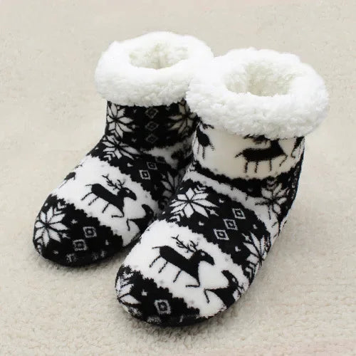 Women's Slipper Boots with Fold Over Cuffs | Plush Winter Slippers with a Snowflake and Reindeer Print | 7 Colors