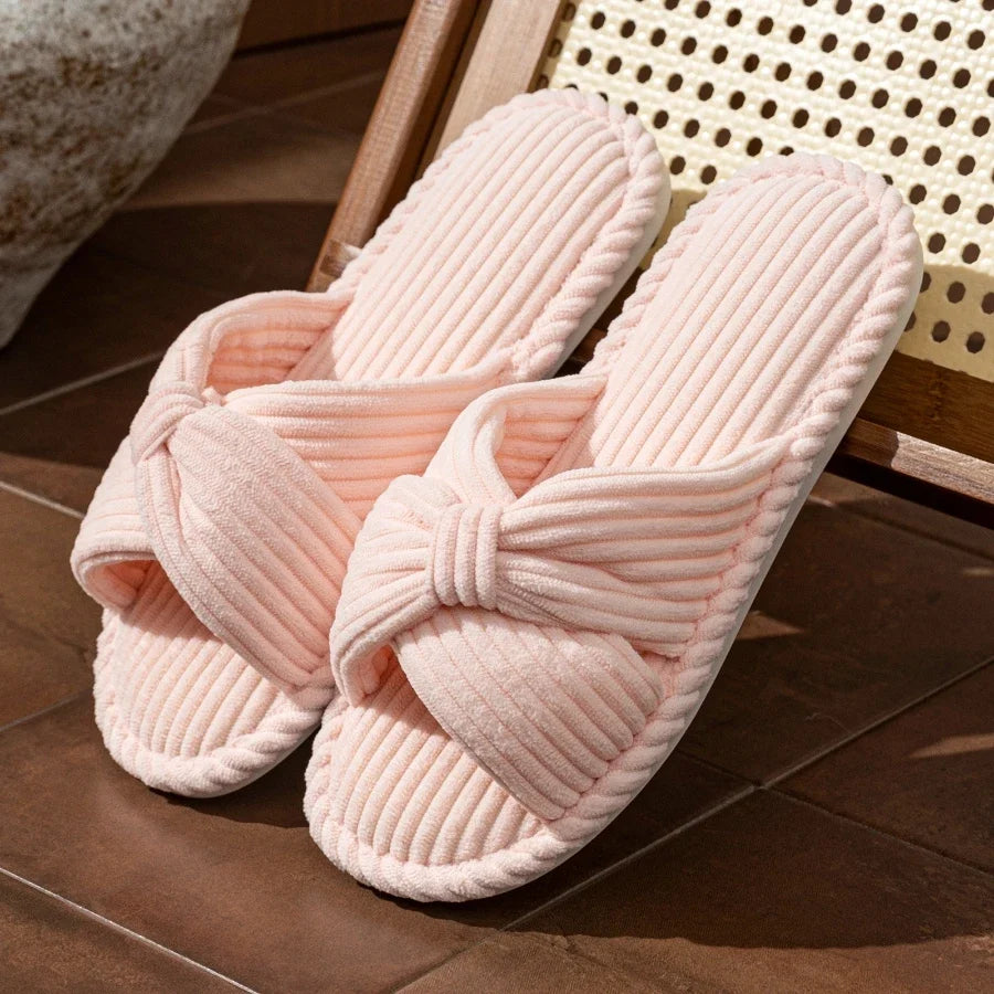 Women's Slide Slippers with a Knotted Bow | Corduroy Open Toe Mules with a Cushioned Insole | Sizes S to 2XL, 5 Colors