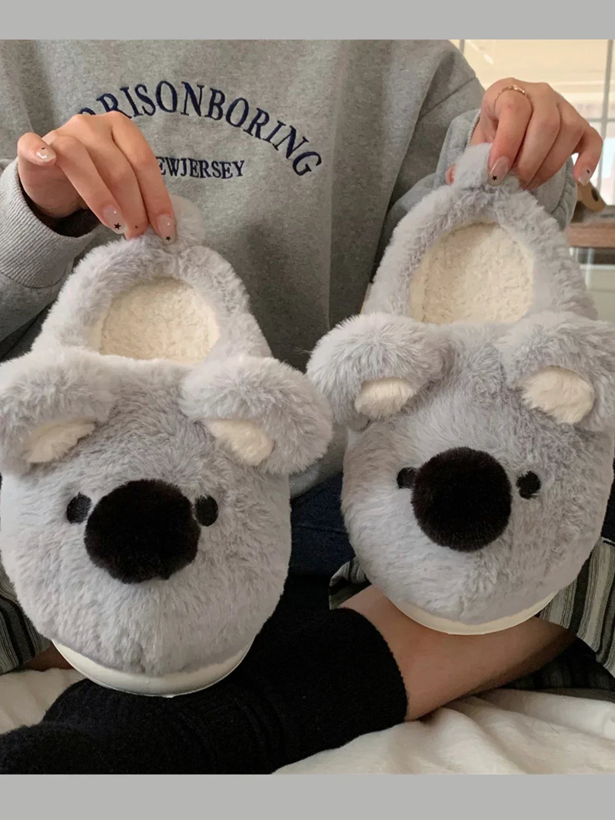 Women's Soft Slippers with a Koala Face | Plush Closed Toe Upper, Raised Ears, Open Back | Thick Flat Sole in Light Grey