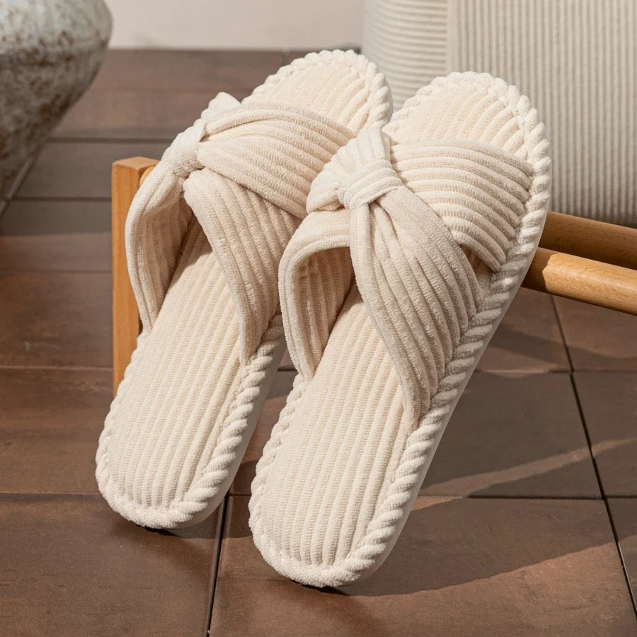 Women's Slide Slippers with a Knotted Bow | Corduroy Open Toe Mules with a Cushioned Insole | Sizes S to 2XL, 5 Colors