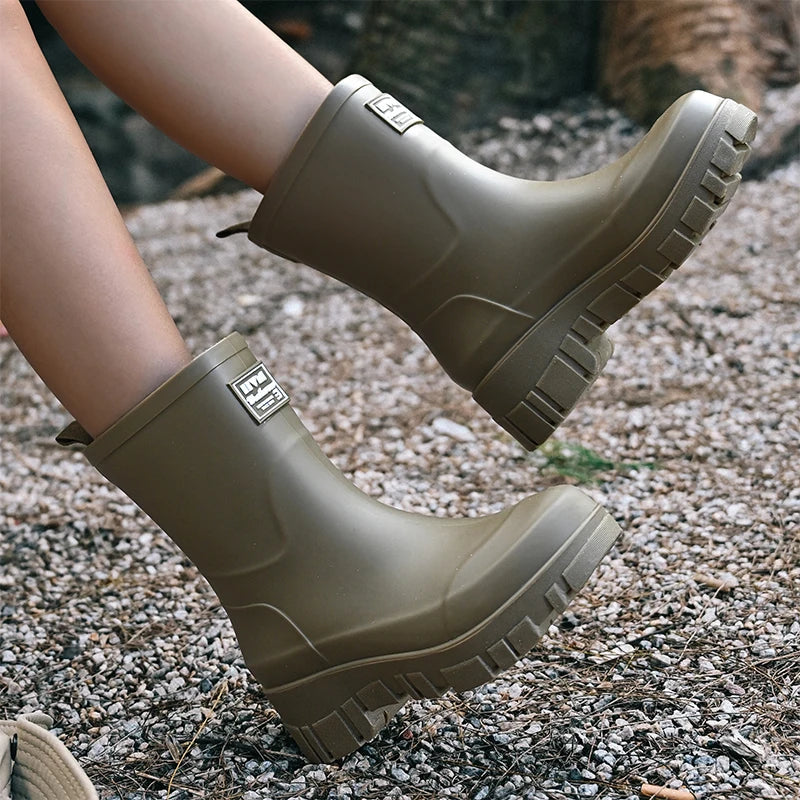 Women's Waterproof Boots in Molded Rubber | Block Heel, Mid Calf Shaft, Deep Treaded Outsole | Sizes 3.5-7.5, 4 Colors