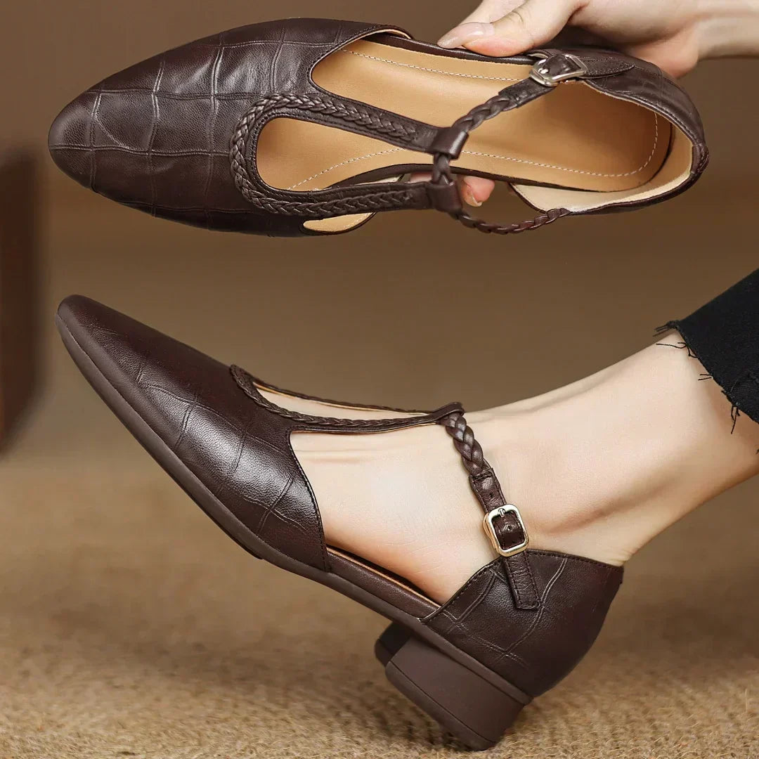 Women's Leather Mary Jane Ballet Flats | T-Strap Buckle, Tapered Toe and Cushioned Flat Sole | Size 5.5-8, Brown or Black