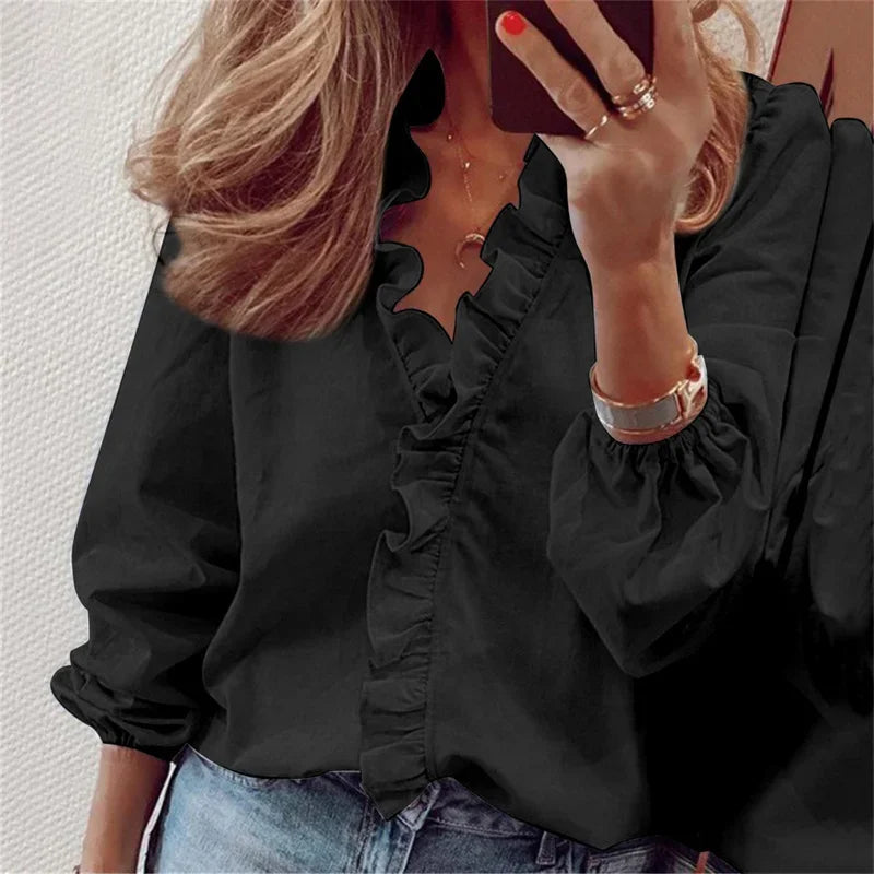 Women's Balloon Sleeve Blouse with a Ruffle Collar | Pleated Volume and Breathable Light Fabric | Size S-5XL, 8 Colors