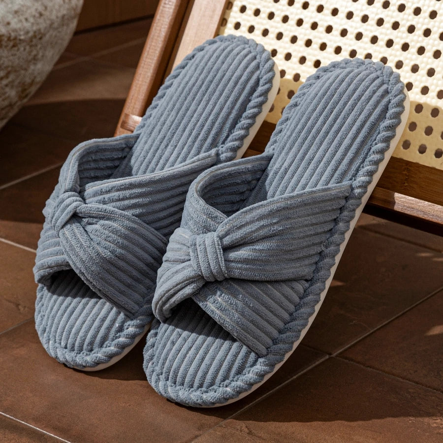 Women's Slide Slippers with a Knotted Bow | Corduroy Open Toe Mules with a Cushioned Insole | Sizes S to 2XL, 5 Colors