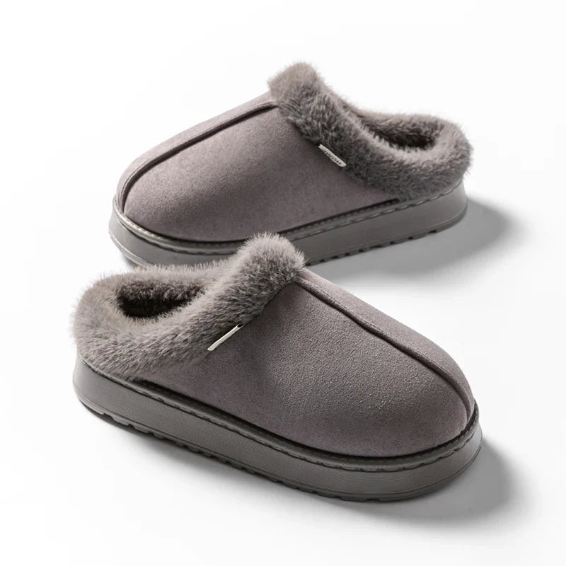Women's Fluffy Slippers in Faux Suede | Warm Lined Mules with an Open Back | Flat Anti Slip EVA Sole for Indoor Wear