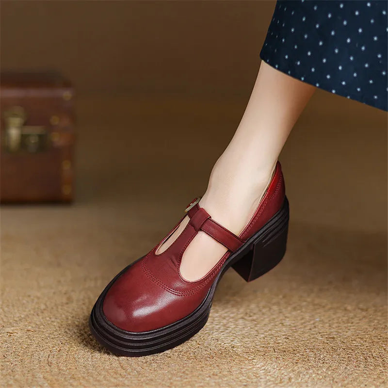 Women's Mary Jane Pumps with Gold Tone T-Strap Buckle | Round Toe, Wide Block Heel of 4-5 cm | Size 5-8, 3 Colors