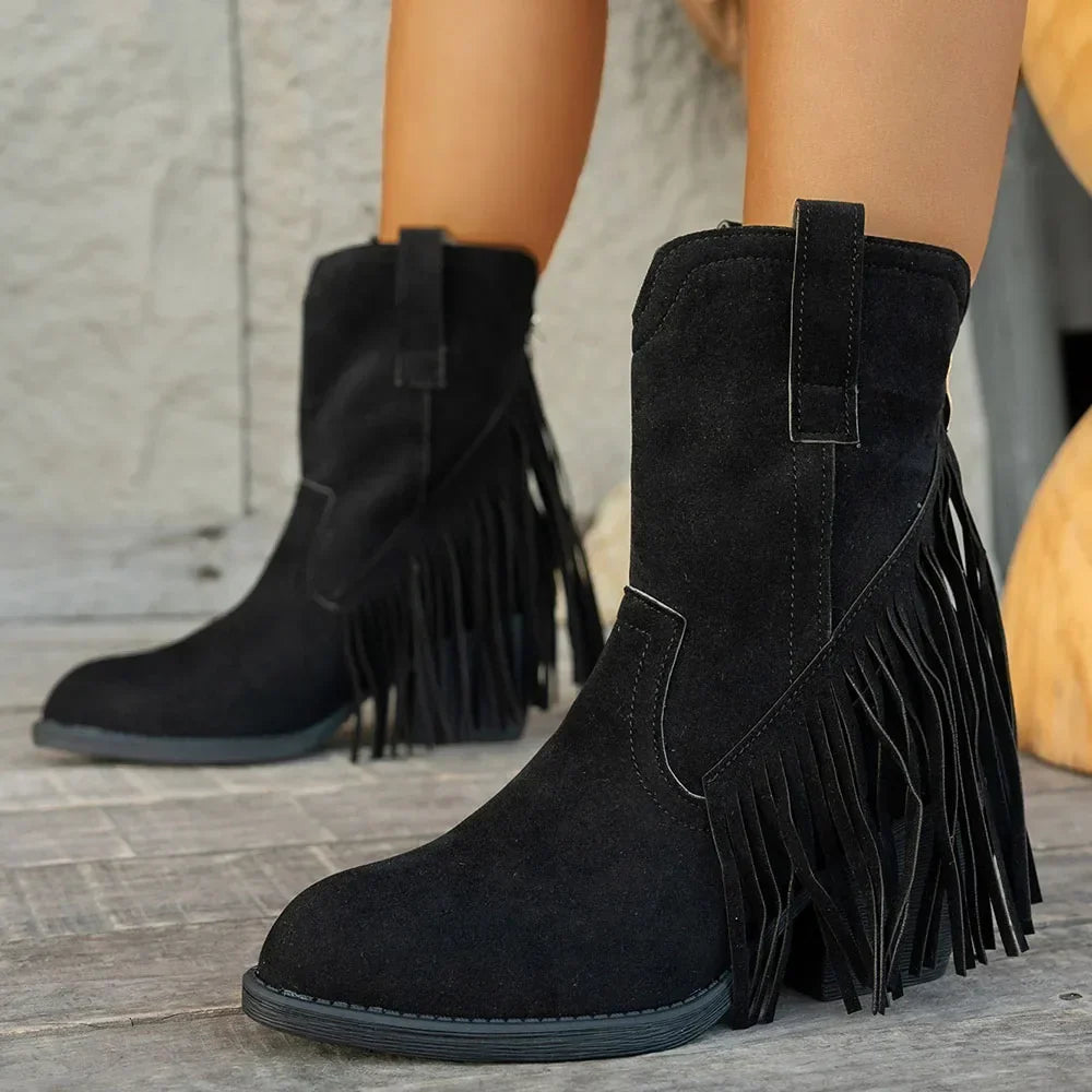Women's Fringe Cowboy Boots, Knee High Western Style | Wide Calf Shaft with Side Zip | Size 5.5-10.5
