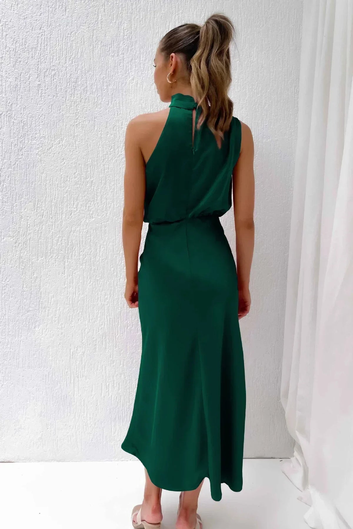 Women's Formal Wedding Guest Dress in Fluid Fabric | High Neck with Soft Sheen, Easy Movement | Size S-5XL, 9 Colors