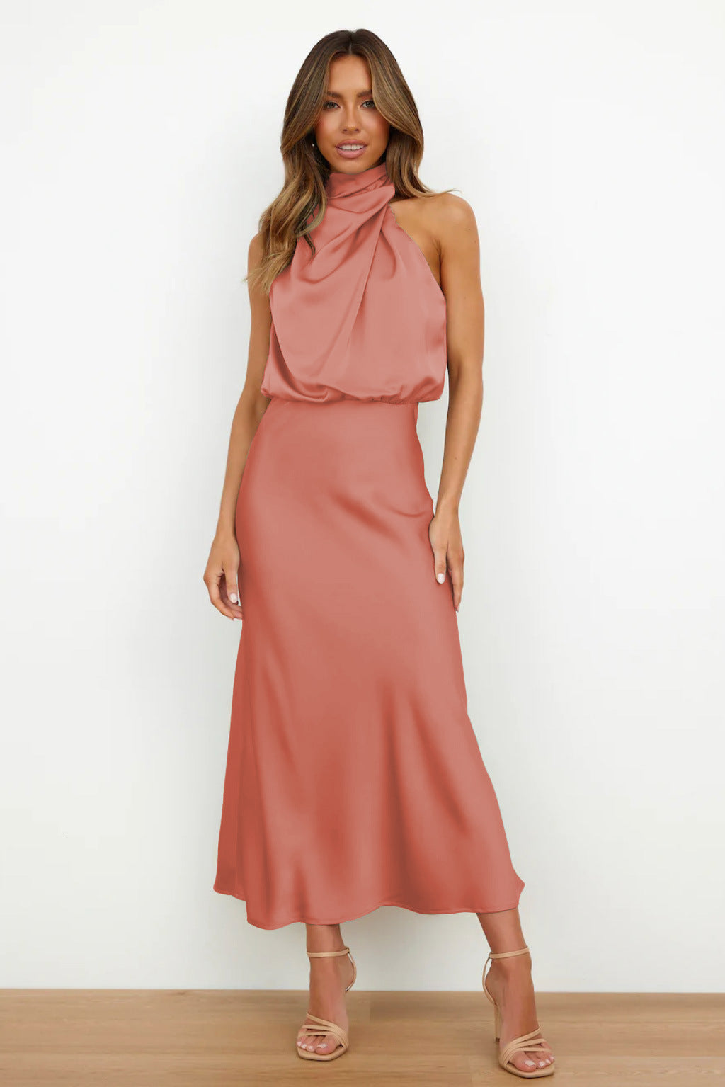 Women's Formal Wedding Guest Dress in Fluid Fabric | High Neck with Soft Sheen, Easy Movement | Size S-5XL, 9 Colors