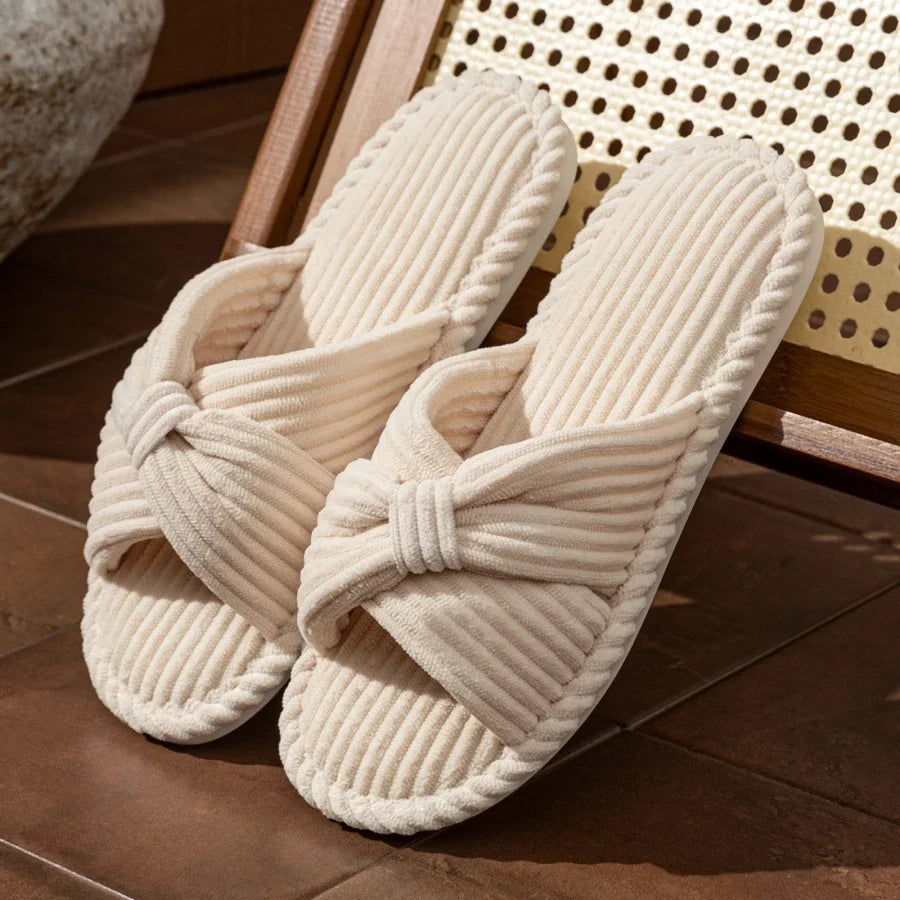 Women's Slide Slippers with a Knotted Bow | Corduroy Open Toe Mules with a Cushioned Insole | Sizes S to 2XL, 5 Colors