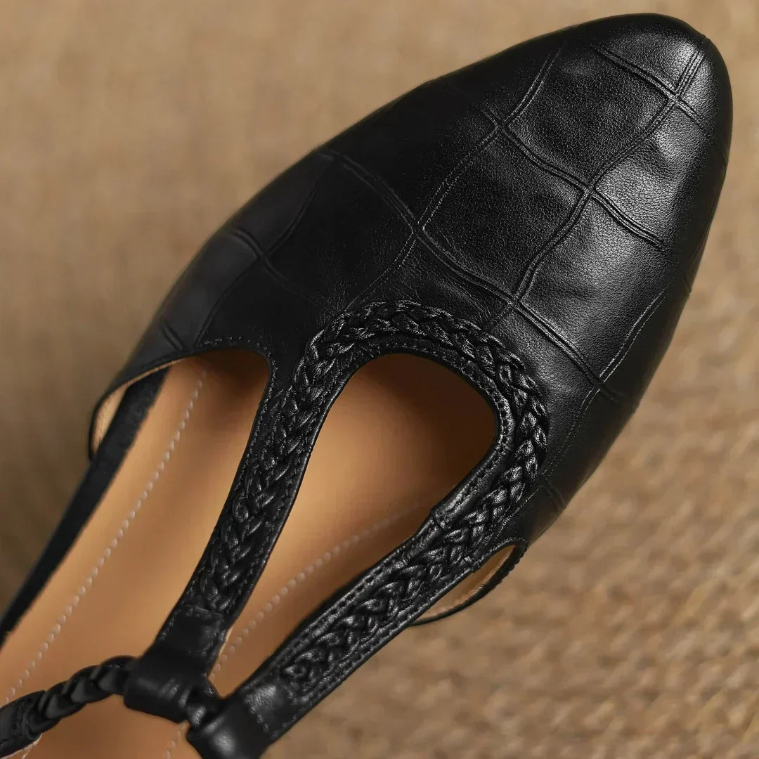 Women's Leather Mary Jane Ballet Flats | T-Strap Buckle, Tapered Toe and Cushioned Flat Sole | Size 5.5-8, Brown or Black