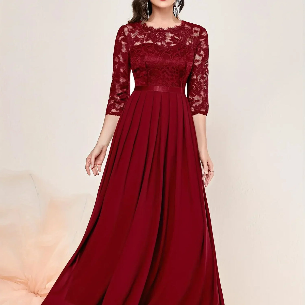 Women's Lace Overlay Maxi Dress with 3/4 Sleeves | Pleated Floor Length Skirt | Size S-2XL, 4 Colors