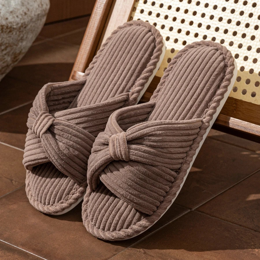 Women's Slide Slippers with a Knotted Bow | Corduroy Open Toe Mules with a Cushioned Insole | Sizes S to 2XL, 5 Colors