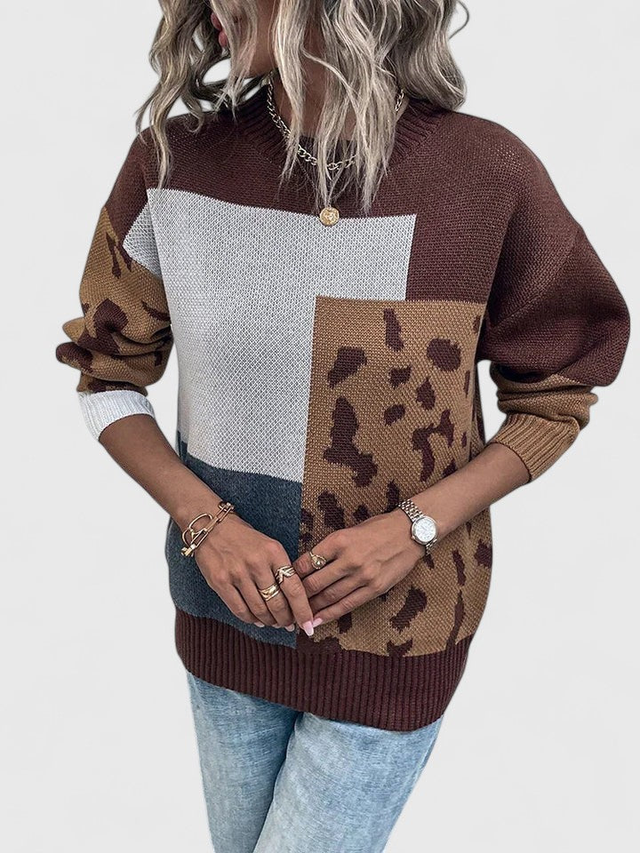 Women's Leopard Print Sweater with Patchwork Design | Warm, Breathable Jumper in a Relaxed Fit for Fall and Winter