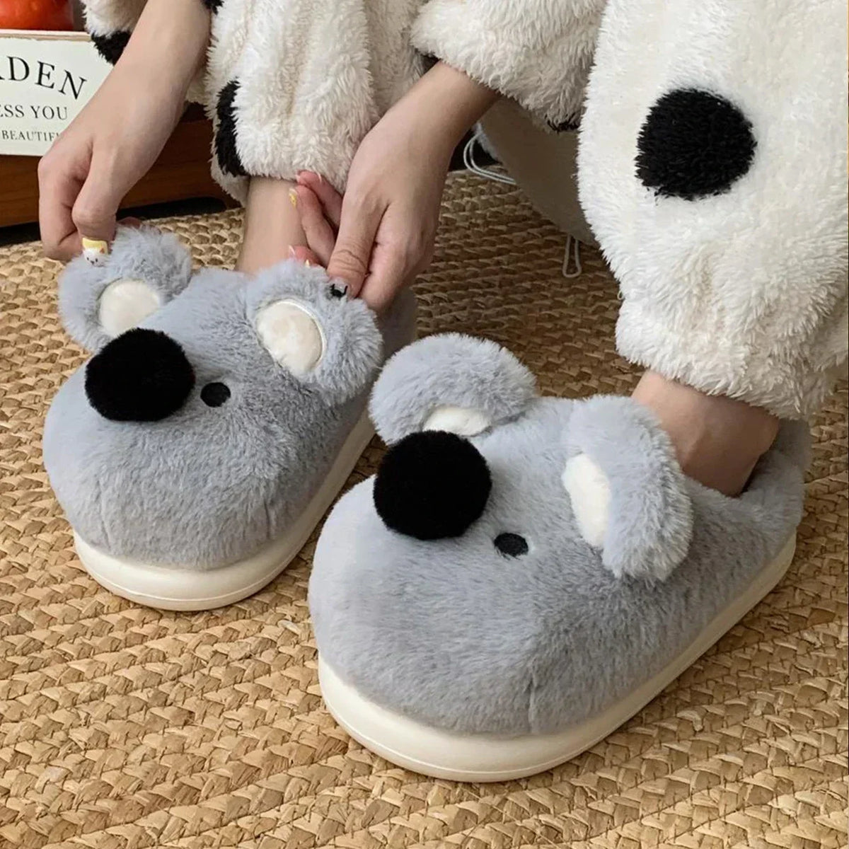 Women's Soft Slippers with a Koala Face | Plush Closed Toe Upper, Raised Ears, Open Back | Thick Flat Sole in Light Grey