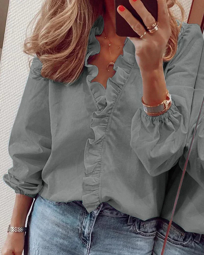 Women's Balloon Sleeve Blouse with a Ruffle Collar | Pleated Volume and Breathable Light Fabric | Size S-5XL, 8 Colors