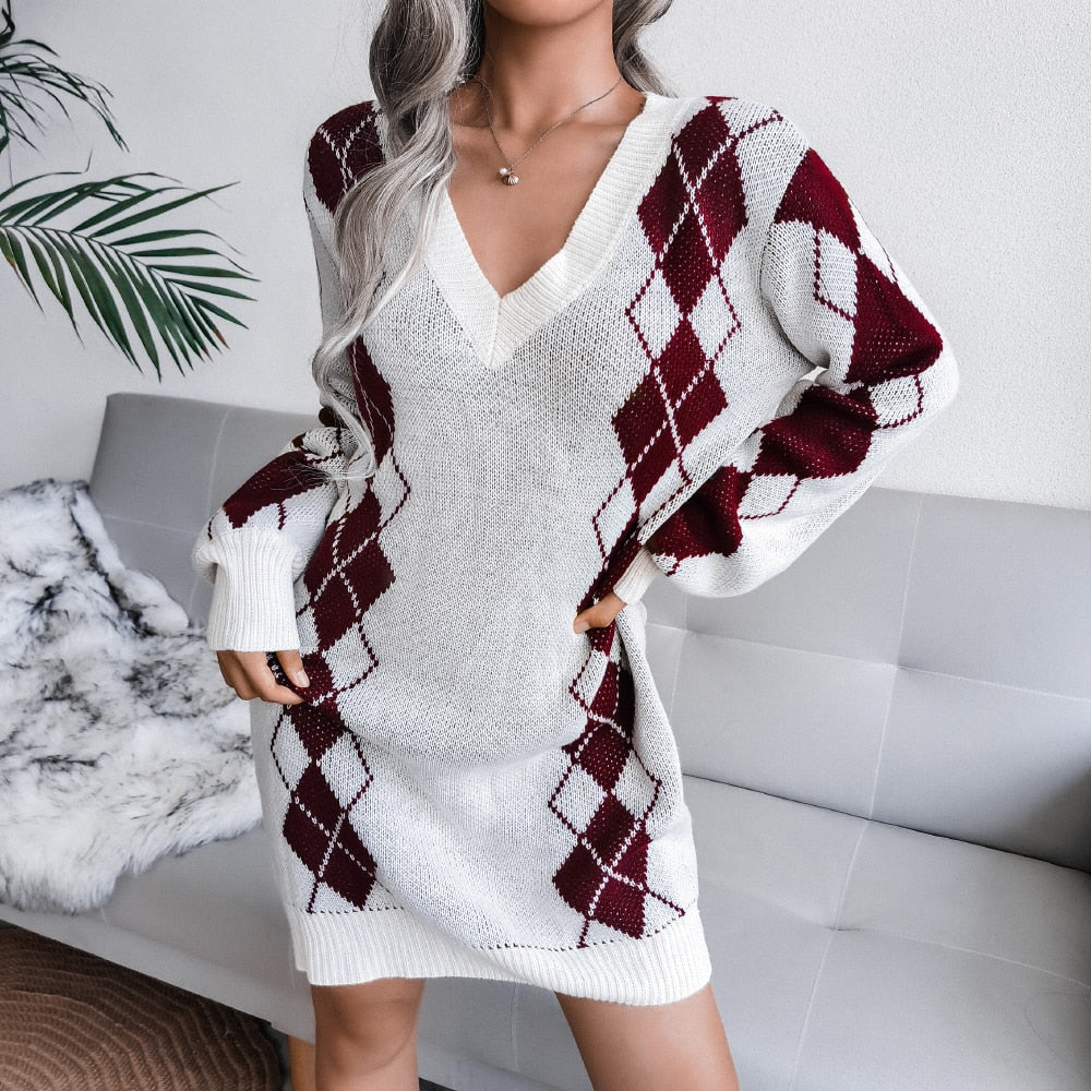 Women's Short Sweater Dress in Argyle Diamond Knit | Deep V Neckline, Ribbed Trims, Long Sleeves | Sizes S-2XL, 3 Colors