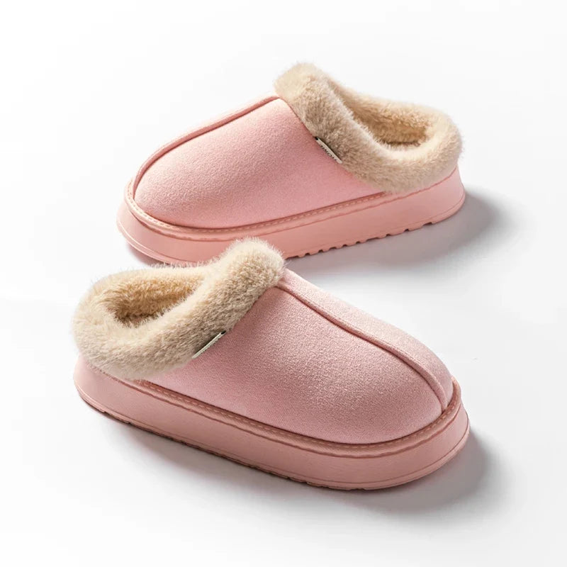 Women's Fluffy Slippers in Faux Suede | Warm Lined Mules with an Open Back | Flat Anti Slip EVA Sole for Indoor Wear