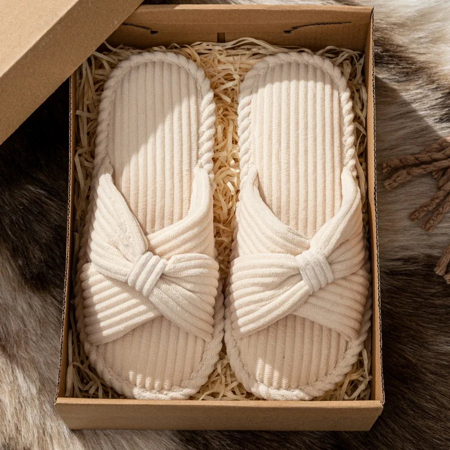 Women's Slide Slippers with a Knotted Bow | Corduroy Open Toe Mules with a Cushioned Insole | Sizes S to 2XL, 5 Colors