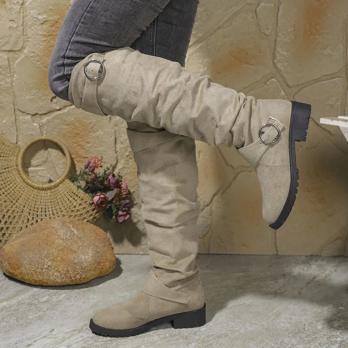 Women's Knee High Boots with a Slouchy Shaft | Buckle Accents, Block Sole, 18.5 Inch Height | 6 Colors