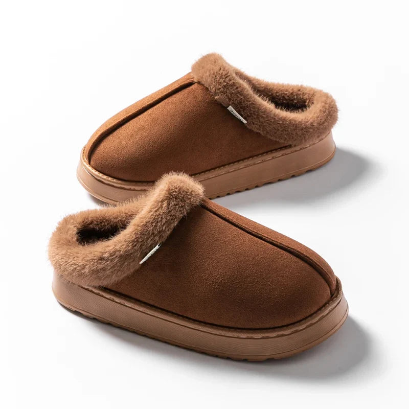 Women's Fluffy Slippers in Faux Suede | Warm Lined Mules with an Open Back | Flat Anti Slip EVA Sole for Indoor Wear