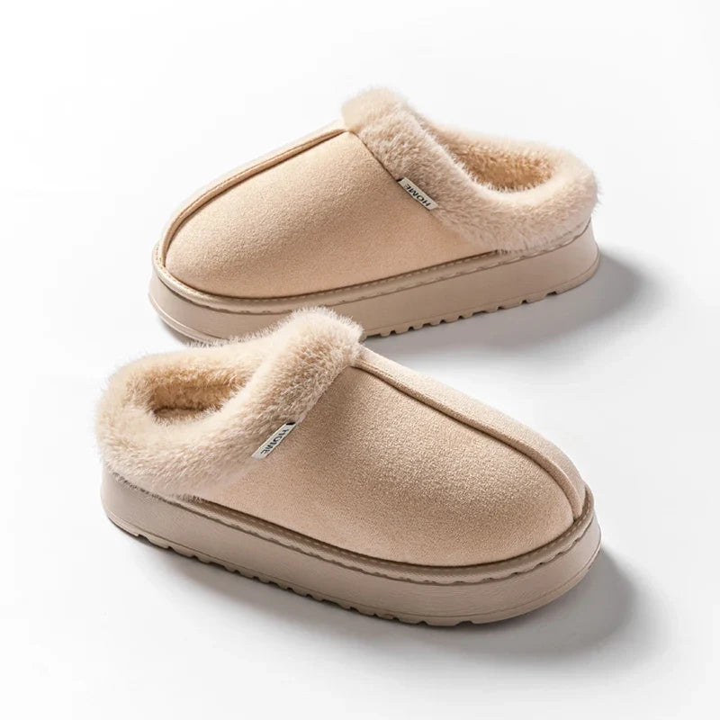 Women's Fluffy Slippers in Faux Suede | Warm Lined Mules with an Open Back | Flat Anti Slip EVA Sole for Indoor Wear