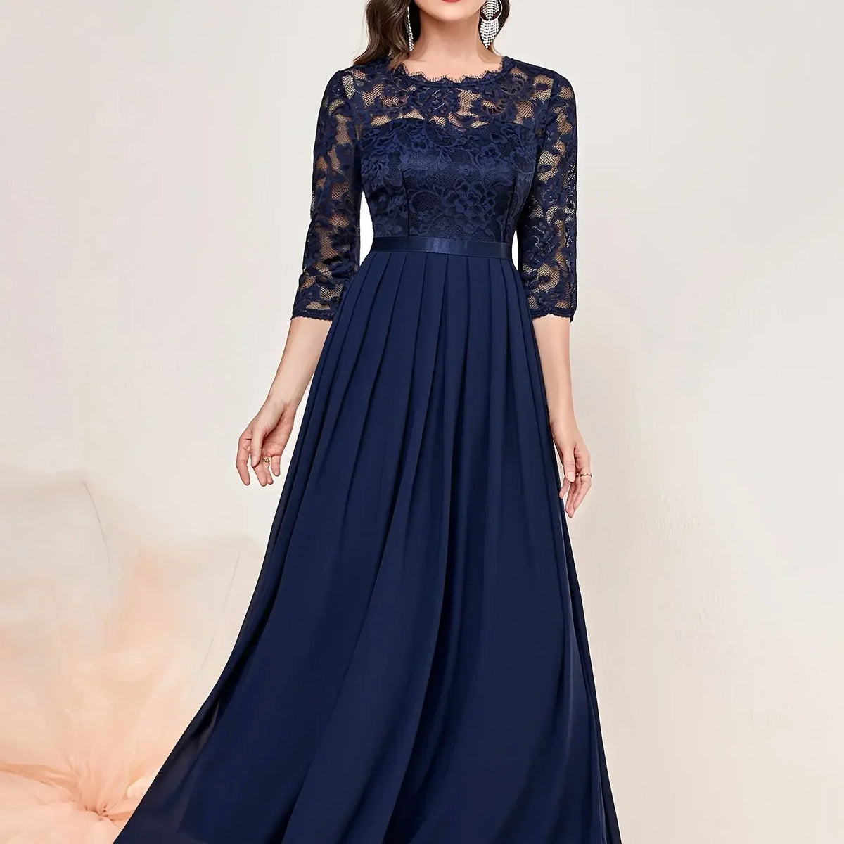 Women's Lace Overlay Maxi Dress with 3/4 Sleeves | Pleated Floor Length Skirt | Size S-2XL, 4 Colors